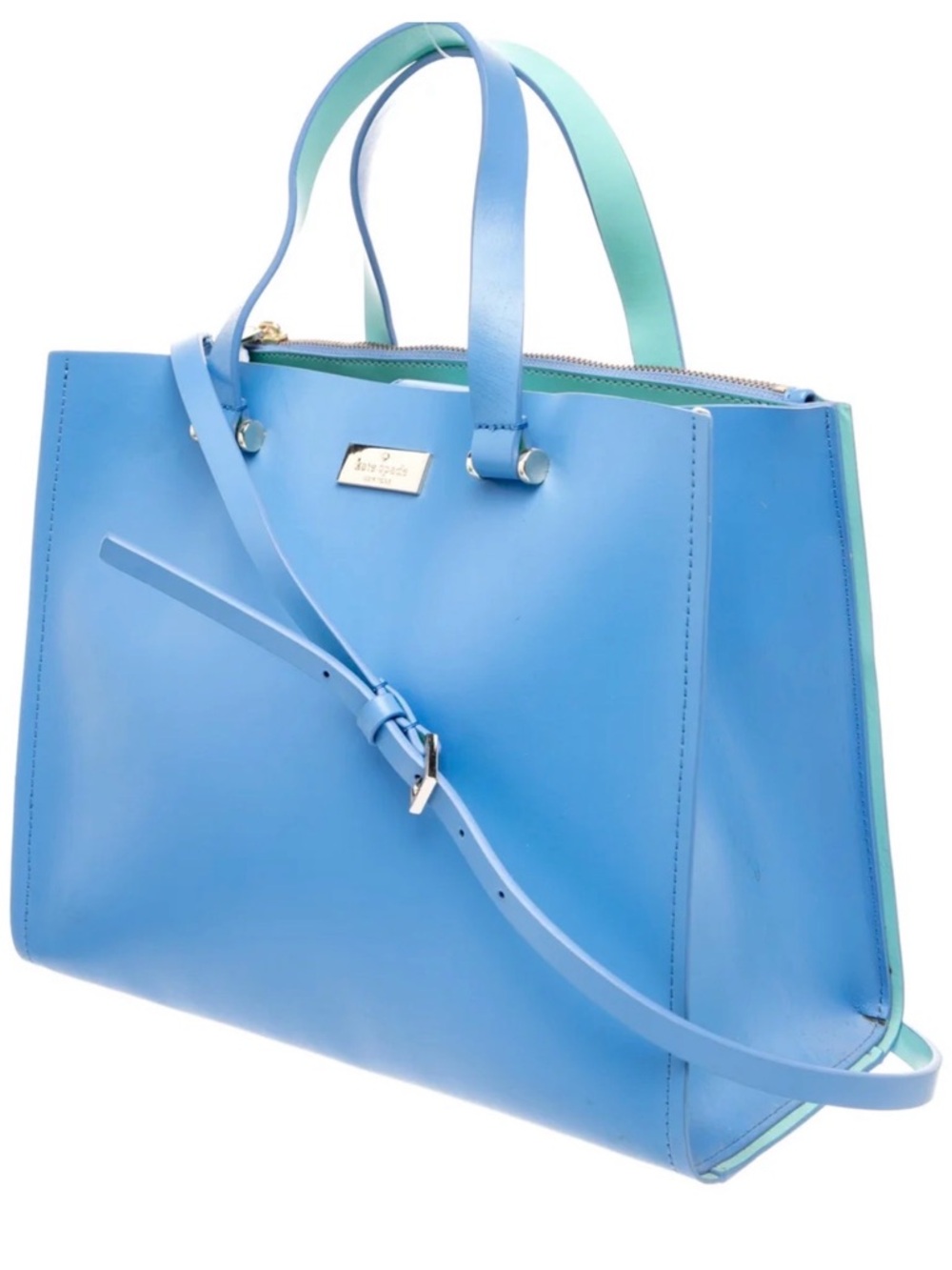 kate spade Blue Leather Crossbody Tote with Mint Trim
